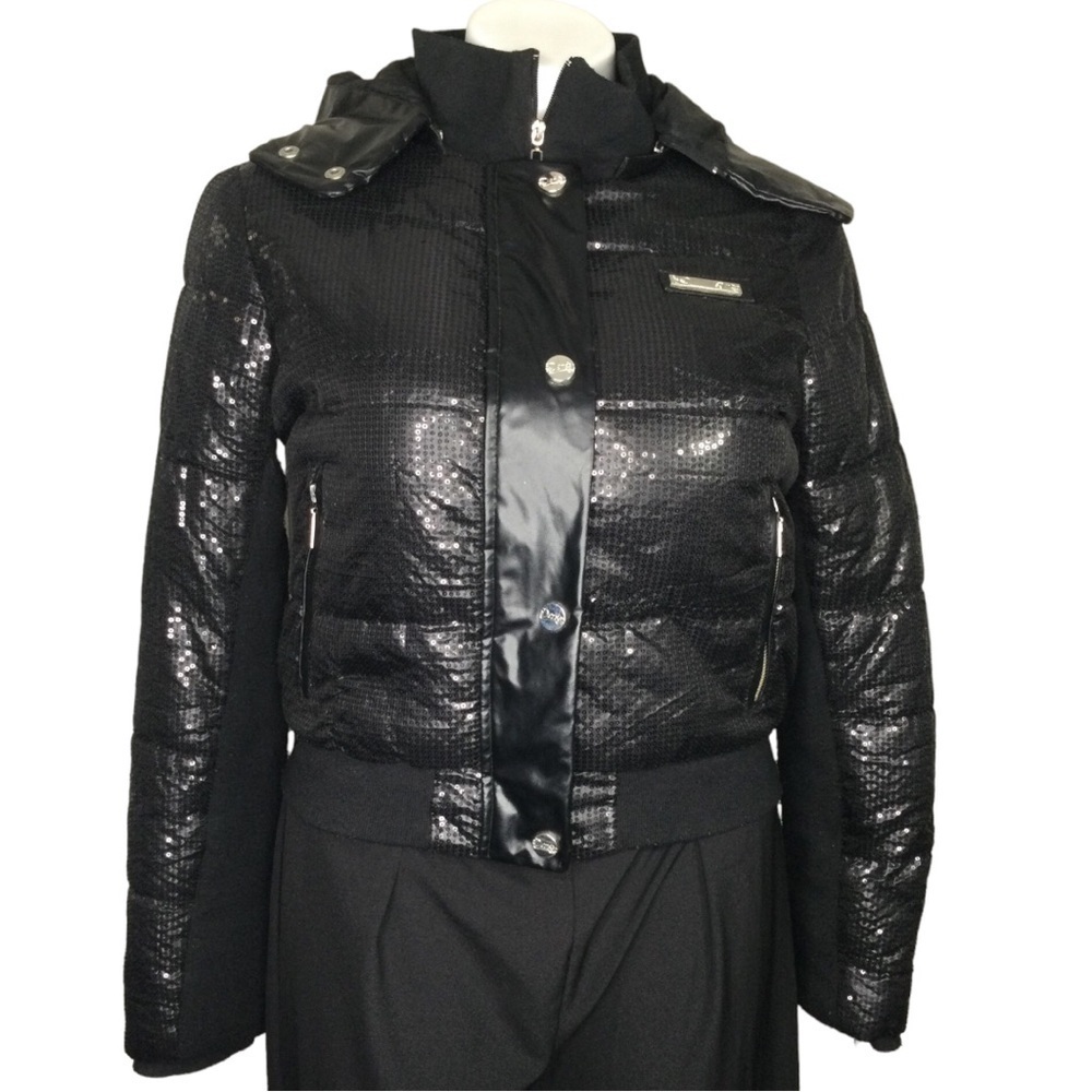 Deron Outerwear Black long sleeve zip up puffer jacket with sequins size Large